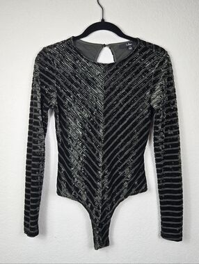 Lulus Save The Date Olive Velvet Striped Bodysuit Long Sleeve S